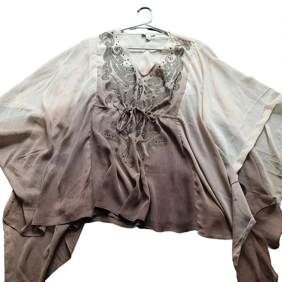Boston Proper Women's Kaftan Chiffon Blouse Size M Brown Ombre V-neck Studded - Picture 1 of 11